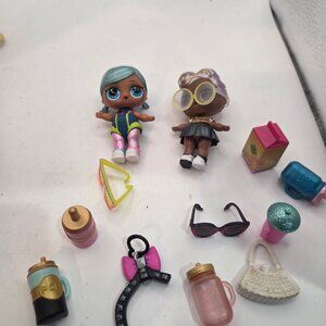 L.O.L. Surprise Dolls Lot 2 With 12 Accessories Bottles Glasses Purse Keychain